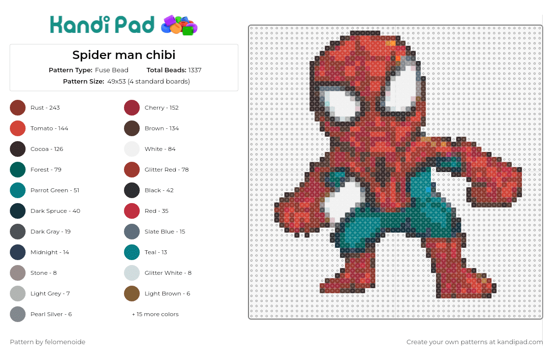 Spider man chibi - Fuse Bead Pattern by felomenoide on Kandi Pad - spider man,chibi,marvel,superhero,action,fun-sized,iconic,comic,characters,fans
