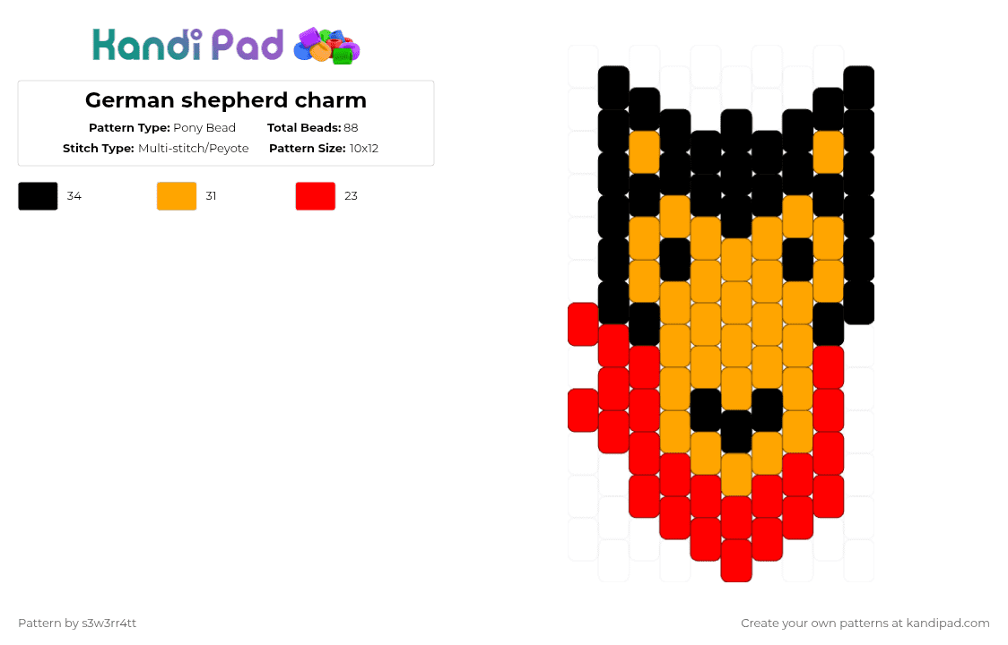 German shepherd charm - Pony Bead Pattern by s3w3rr4tt on Kandi Pad - orange,red,dog,german shepherd,charm,medium size charm