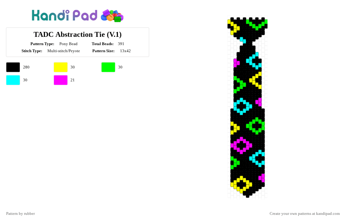TADC Abstraction Tie (V.1) - Pony Bead Pattern by rubber on Kandi Pad - black,yellow,green,light blue,tadc,tie,digitalcircus,easy,big,flat,character,murderdrones