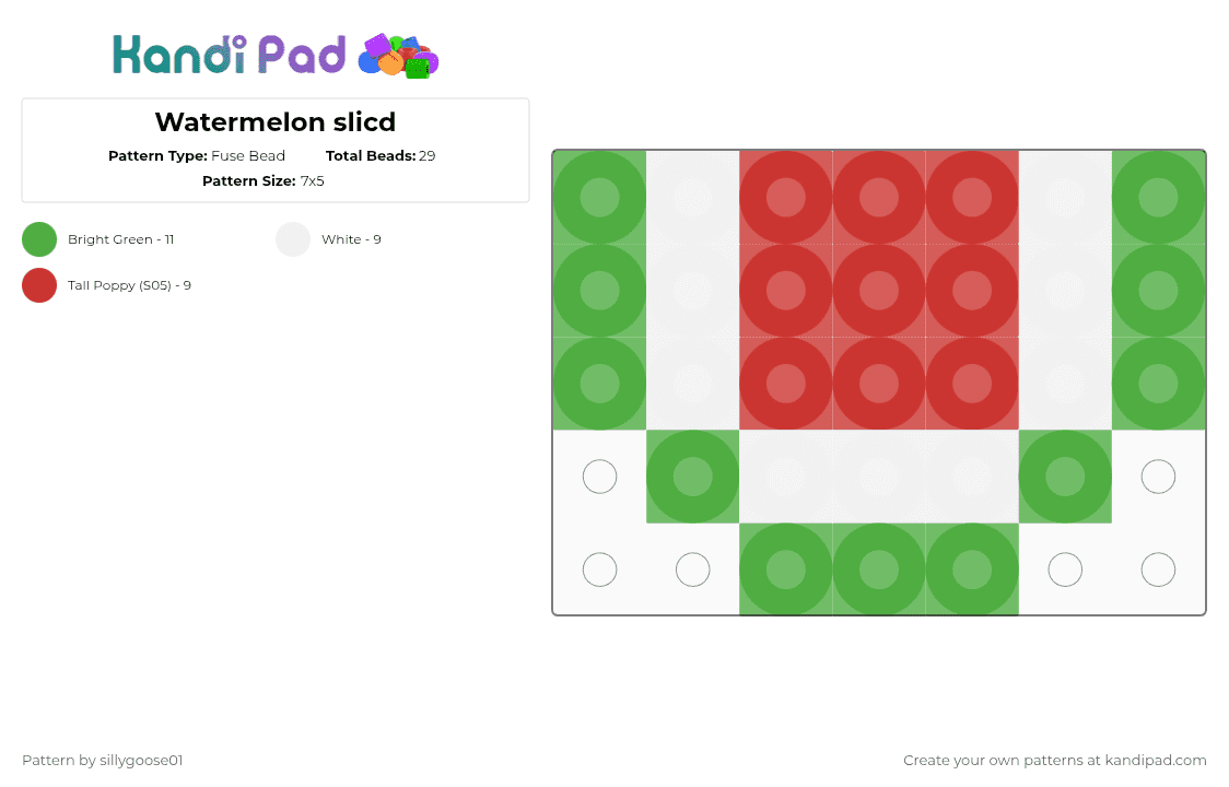 Watermelon slicd - Fuse Bead Pattern by sillygoose01 on Kandi Pad - green,red,food,fruit,simple