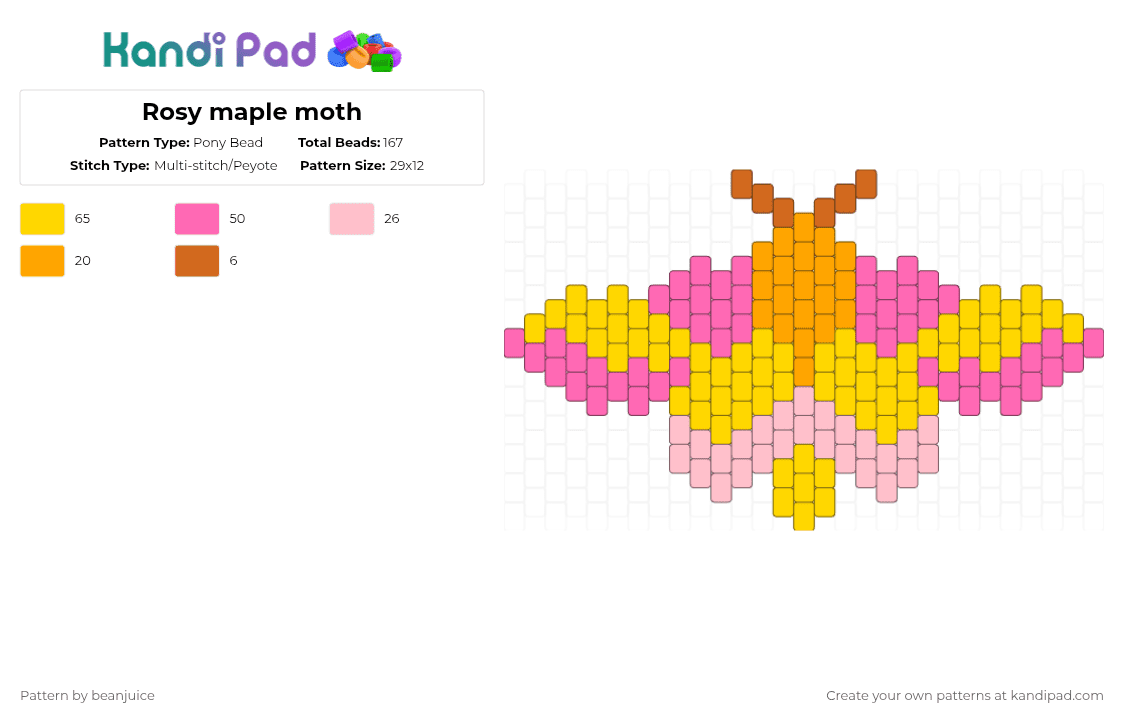 Rosy maple moth - Pony Bead Pattern by beanjuice on Kandi Pad - pink,yellow