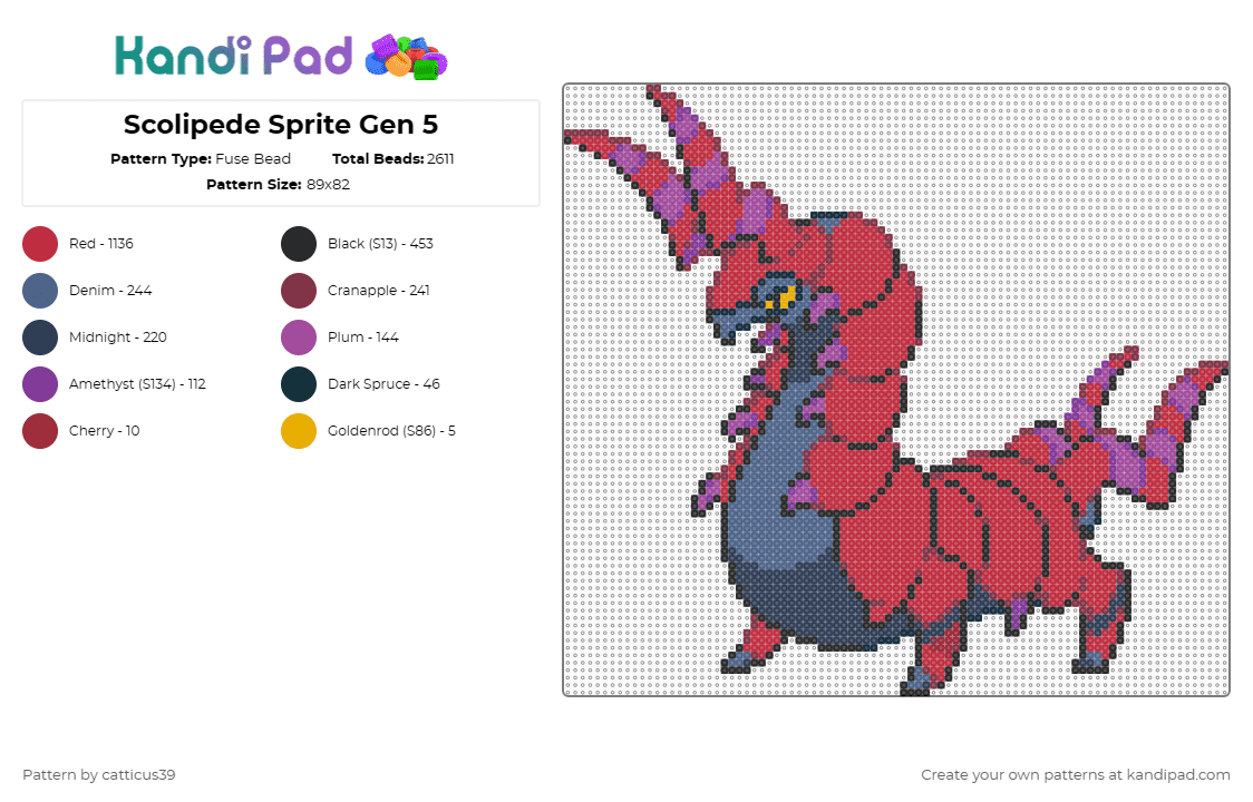 Scolipede Sprite Gen 5 - Fuse Bead Pattern by catticus39 on Kandi Pad - red,scolipede,gen 5,beetle