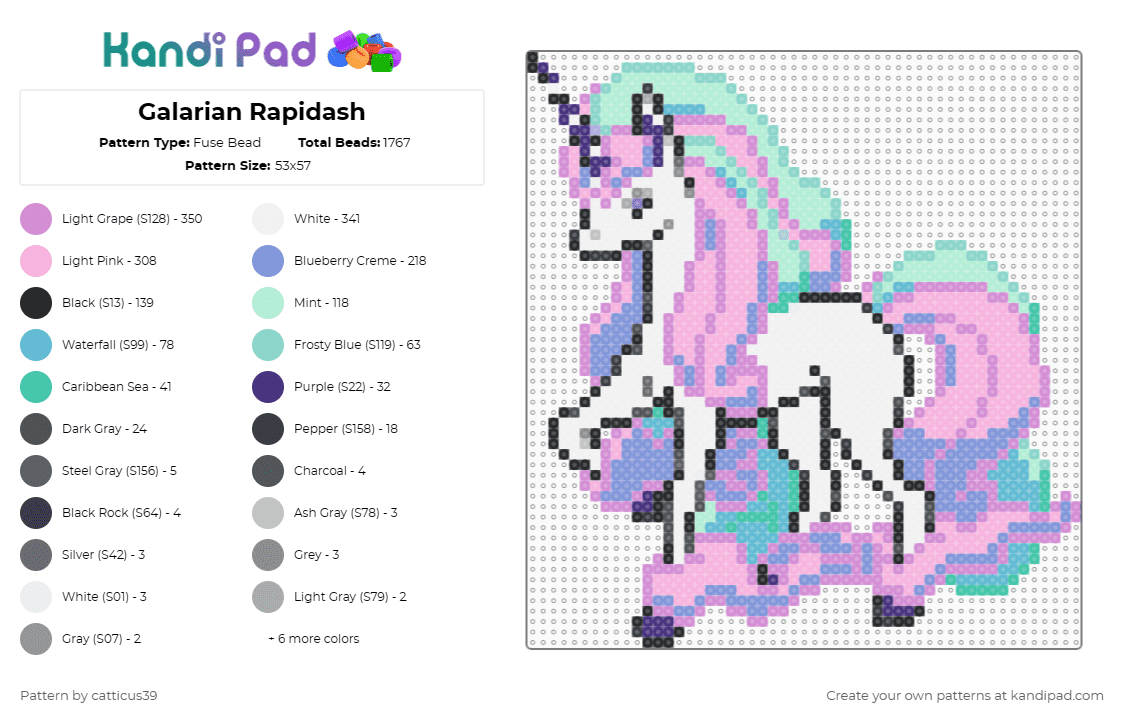 Galarian Rapidash - Fuse Bead Pattern by catticus39 on Kandi Pad - light blue,pink,pokemon,gen 8,horse