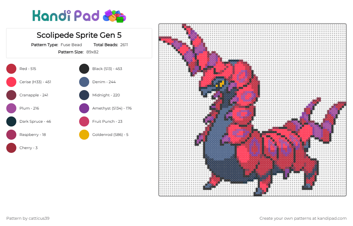 Scolipede Sprite Gen 5 - Fuse Bead Pattern by catticus39 on Kandi Pad - beetle, gen 5, pink, red, scolipede