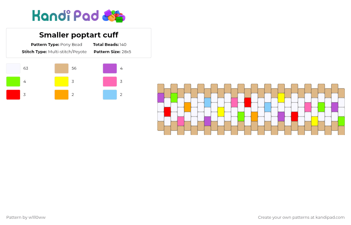 Smaller poptart cuff - Pony Bead Pattern by w1ll0ww on Kandi Pad - white,beige