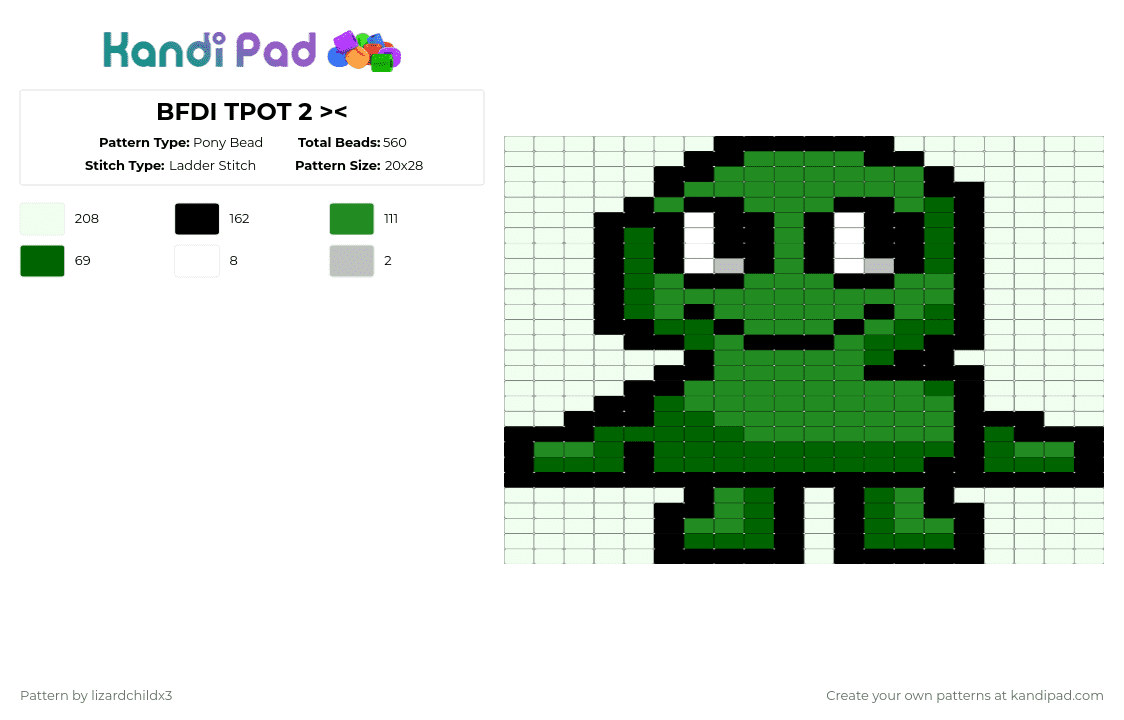 BFDI TPOT 2 > - Pony Bead Pattern by lizardchildx3 on Kandi Pad - green