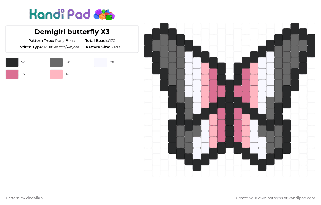Demigirl butterfly X3 - Pony Bead Pattern by cladalian on Kandi Pad - pink,gray,demigirl,lgbt,lgbtq,dont hate me,notrequested,taking requests