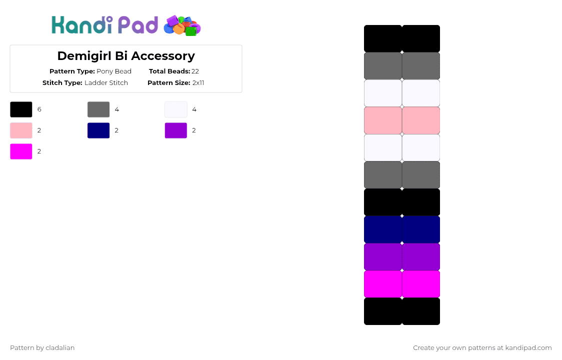 Demigirl Bi Accessory - Pony Bead Pattern by cladalian on Kandi Pad - gray,pink,purple