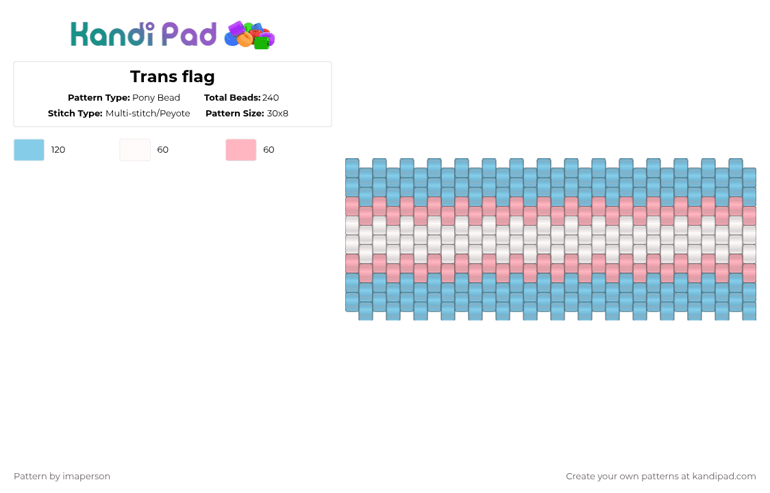 Trans flag - Pony Bead Pattern by imabutler on Kandi Pad - light blue,pink,pride,lgbtq,lgbtqia,trans