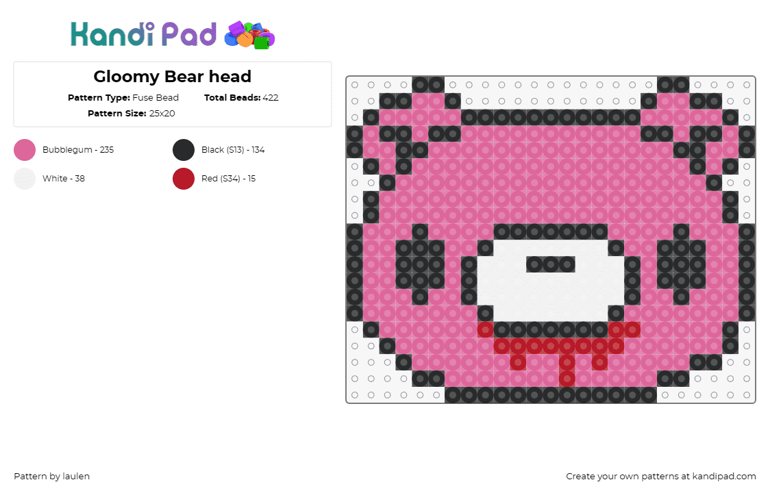 Gloomy Bear head - Fuse Bead Pattern by laulen on Kandi Pad - gloomy bear,pink,playful,character,vibrant,expression