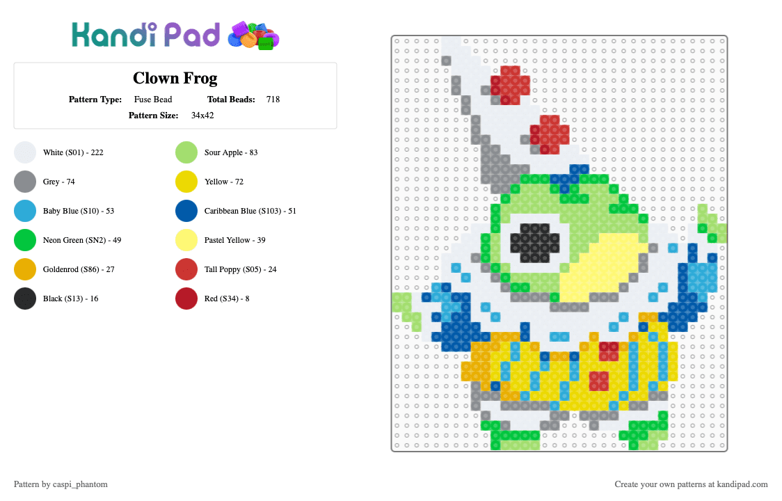 Clown Frog - Fuse Bead Pattern by caspi_phantom on Kandi Pad - gray,green,yellow,frog,clown,silly,cute