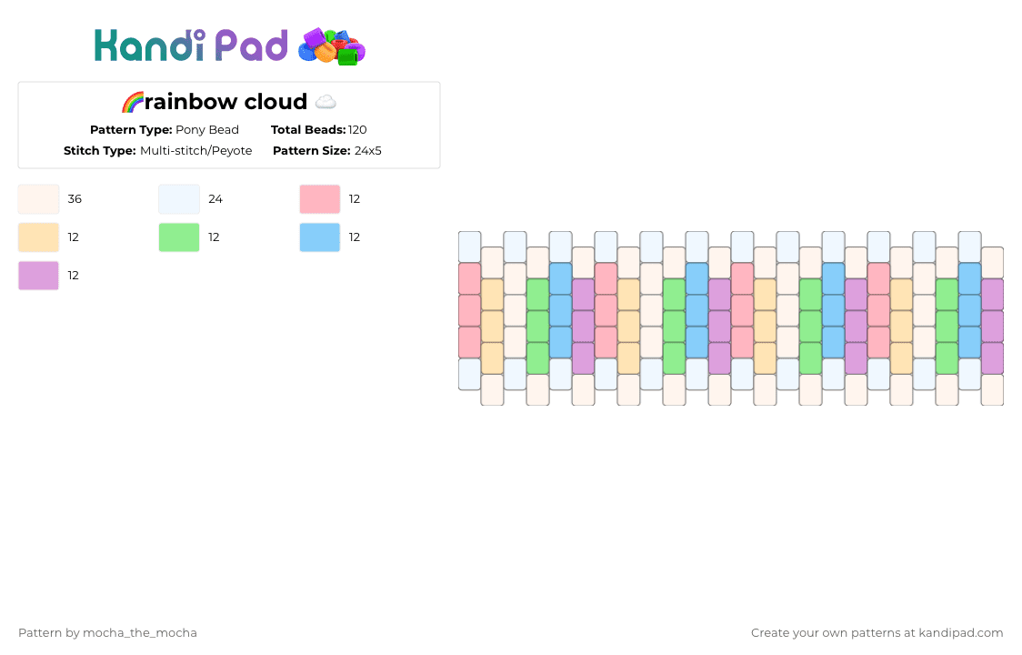 🌈rainbow cloud ☁️ - Pony Bead Pattern by mocha_the_mocha on Kandi Pad - white,pink,rainbow,cloud,multistitch,pastel,cute,light,simple