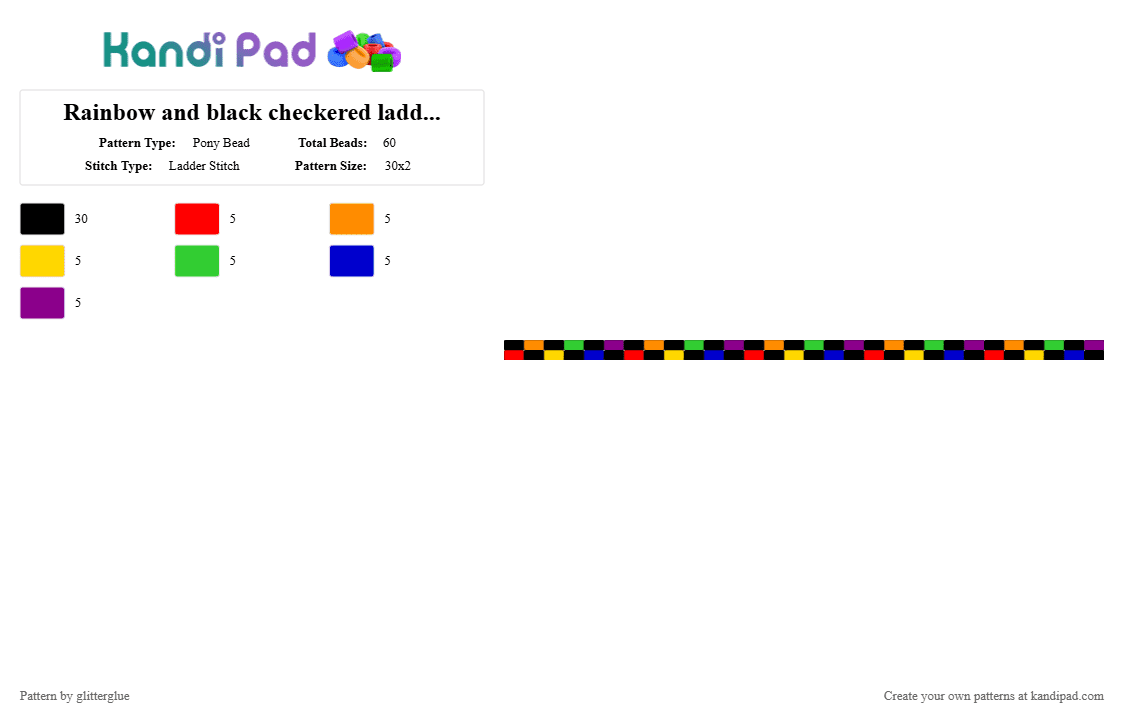 Rainbow and black checkered ladder cuff - Pony Bead Pattern by glitterglue on Kandi Pad - black,orange,green,pink,colorful