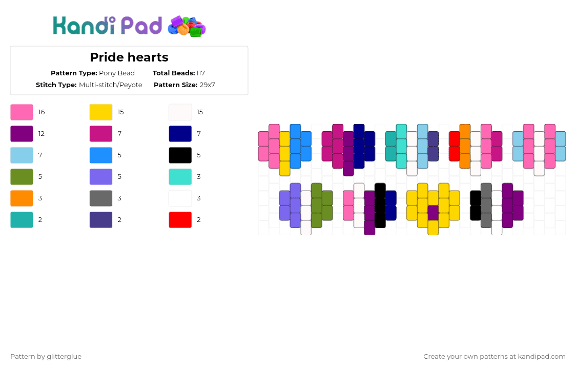Pride hearts - Pony Bead Pattern by glitterglue on Kandi Pad - pink,yellow,light blue,purple