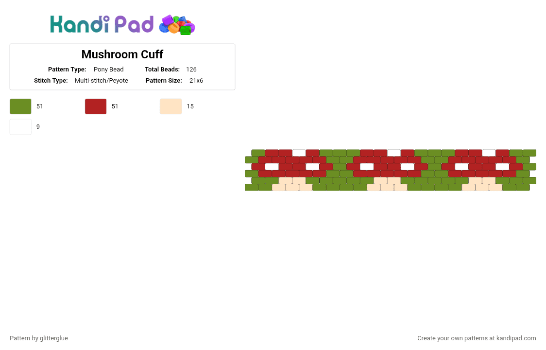 Mushroom Cuff - Pony Bead Pattern by glitterglue on Kandi Pad - green,red