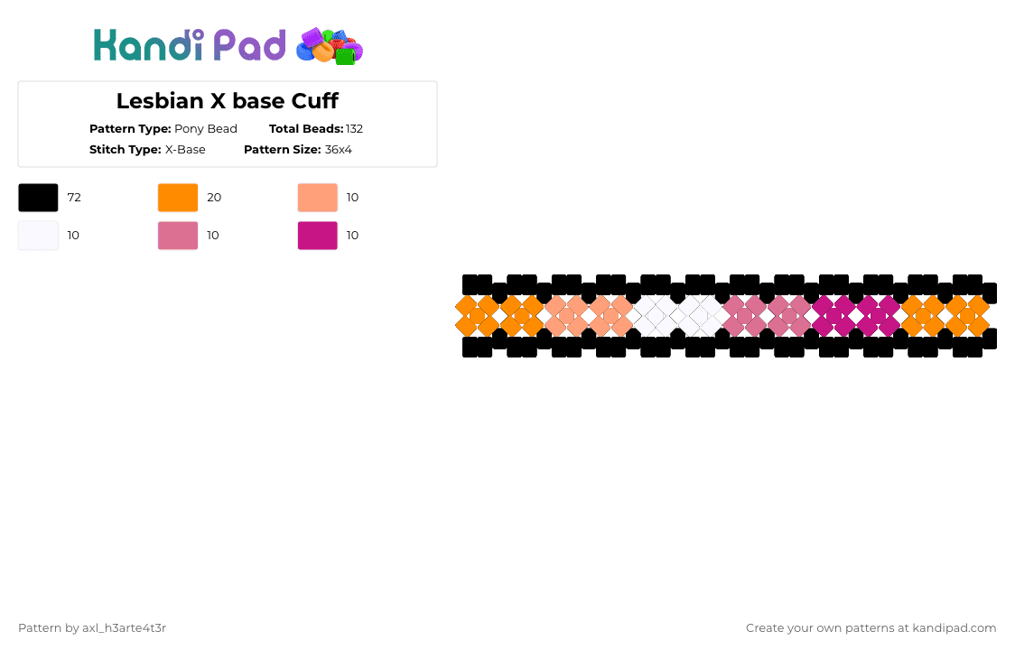 Lesbian X base Cuff - Pony Bead Pattern by deleted_user_389383 on Kandi Pad - black,orange,pink