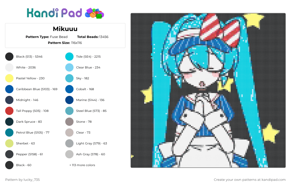 Mikuuu - Fuse Bead Pattern by deleted_user_615314 on Kandi Pad - black,blue,light blue,gray