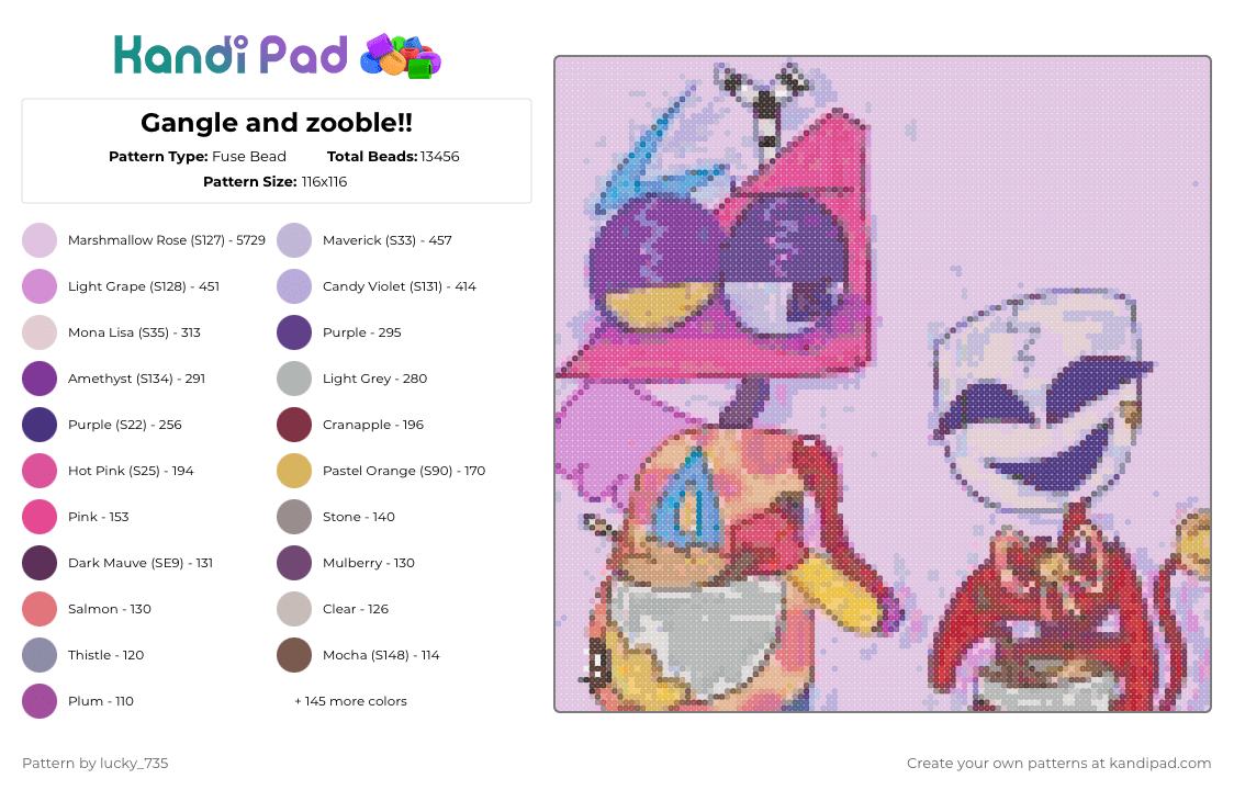 Gangle and zooble!! - Fuse Bead Pattern by deleted_user_615314 on Kandi Pad - pink,beige,red