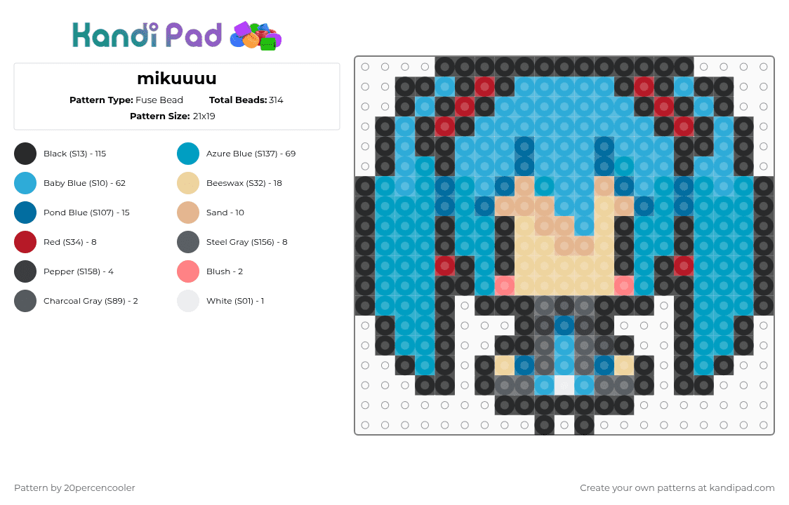 mikuuuu - Fuse Bead Pattern by 20percencooler on Kandi Pad - light blue