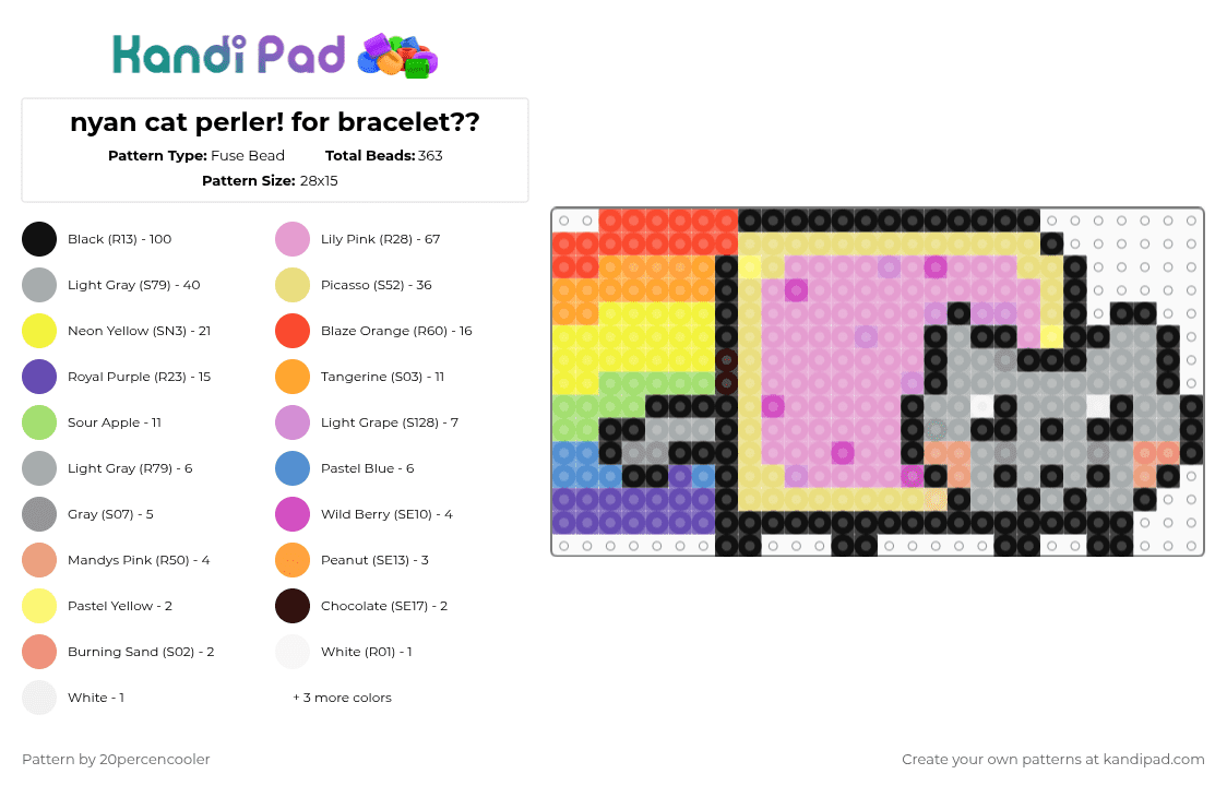 nyan cat perler! for bracelet?? - Fuse Bead Pattern by 20percencooler on Kandi Pad - yellow,pink,gray