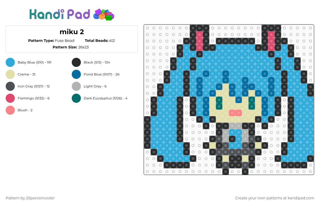 miku 2 - Fuse Bead Pattern by 20percencooler on Kandi Pad - light blue