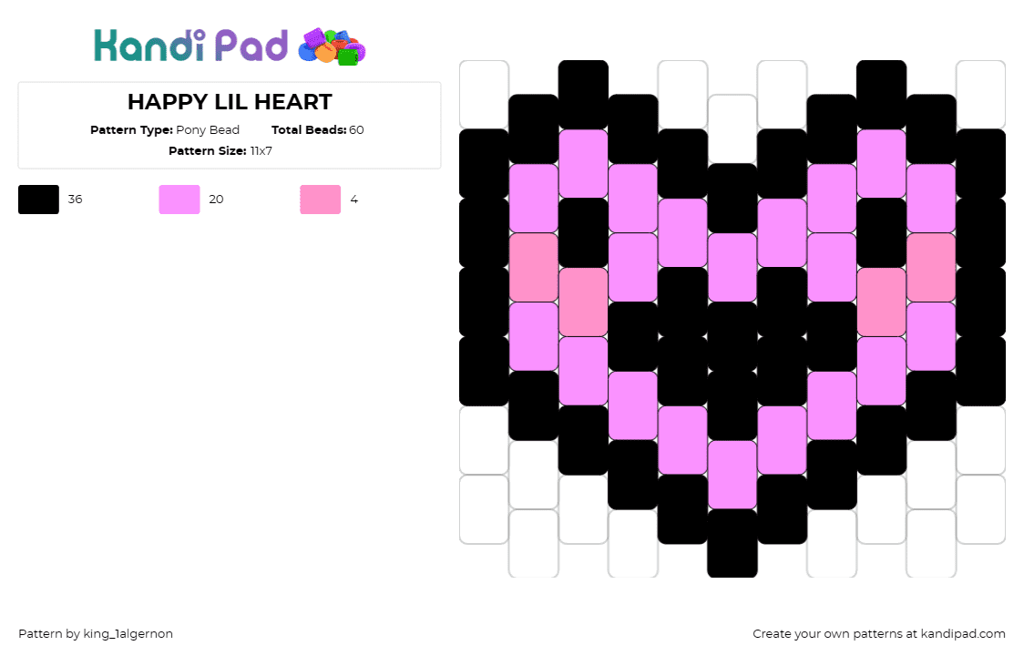 HAPPY LIL HEART - Pony Bead Pattern by king_1algernon on Kandi Pad - heart,face,happy,cute,simple,black,pink