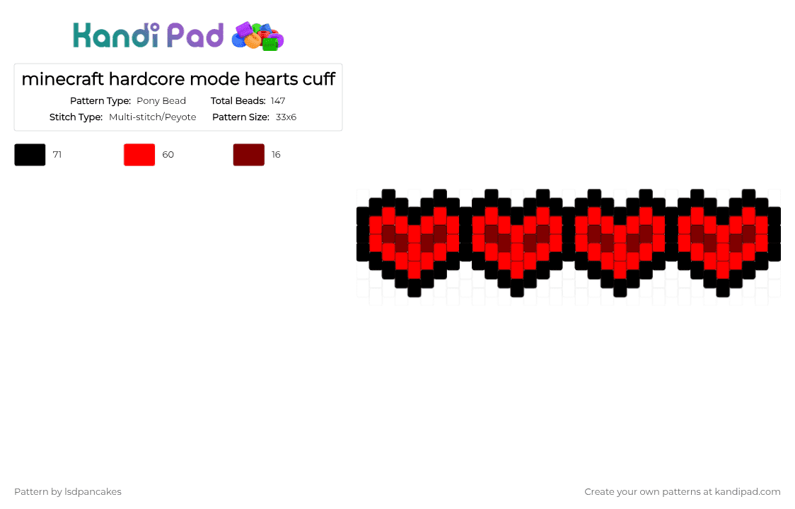 minecraft hardcore mode hearts cuff - Pony Bead Pattern by lsdpancakes on Kandi Pad - red