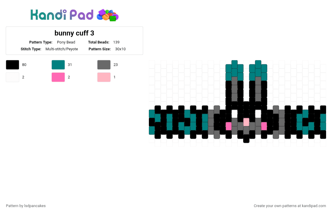 bunny cuff 3 - Pony Bead Pattern by lsdpancakes on Kandi Pad - black,gray,teal
