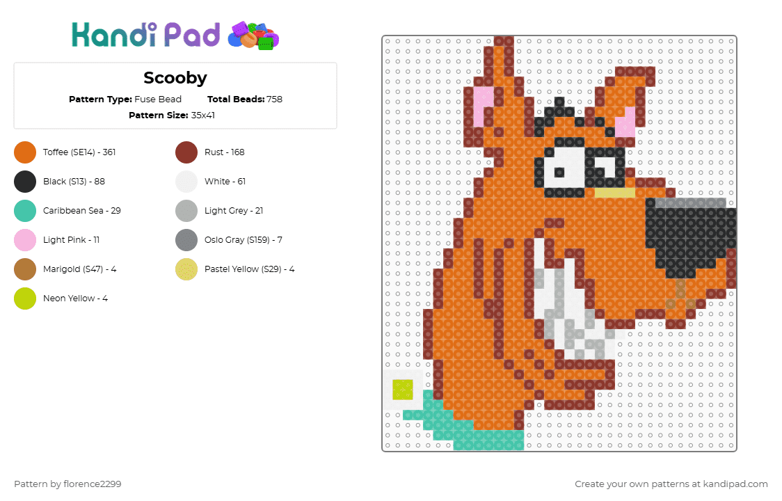 Scooby - Fuse Bead Pattern by florence2299 on Kandi Pad - scooby doo,dog,cartoon,head,character,smile,animal,red,orange