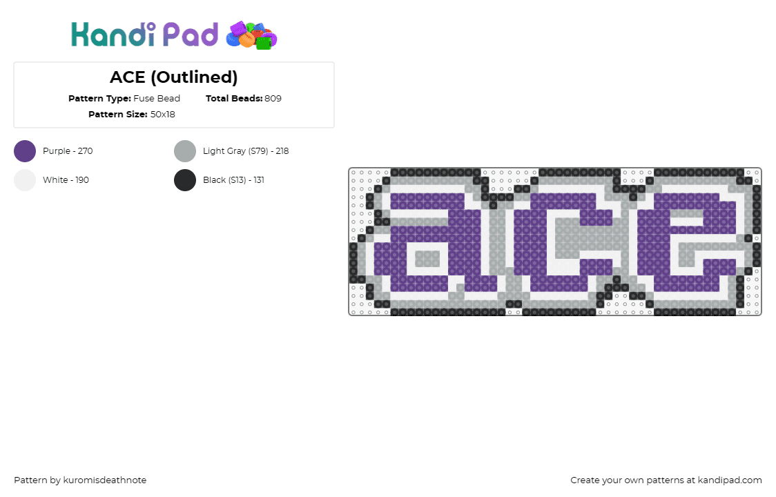 ACE (Outlined) - Fuse Bead Pattern by kuromisdeathnote on Kandi Pad - asexual,ace,pride,text,community,purple