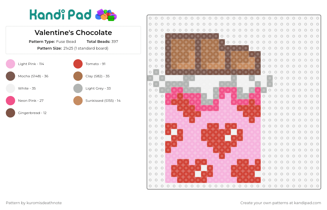Valentine\'s Chocolate - Fuse Bead Pattern by kuromisdeathnote on Kandi Pad - chocolate,hearts,candy,valentines,food,delectable,love,sweet,celebration,brown,pink,red
