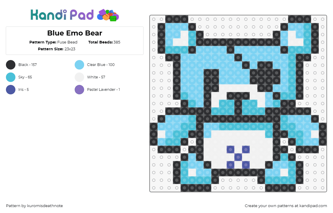 Blue Emo Bear - Fuse Bead Pattern by kuromisdeathnote on Kandi Pad - teddy bear,emo,eye patch,sad,blue,soulful,melancholy