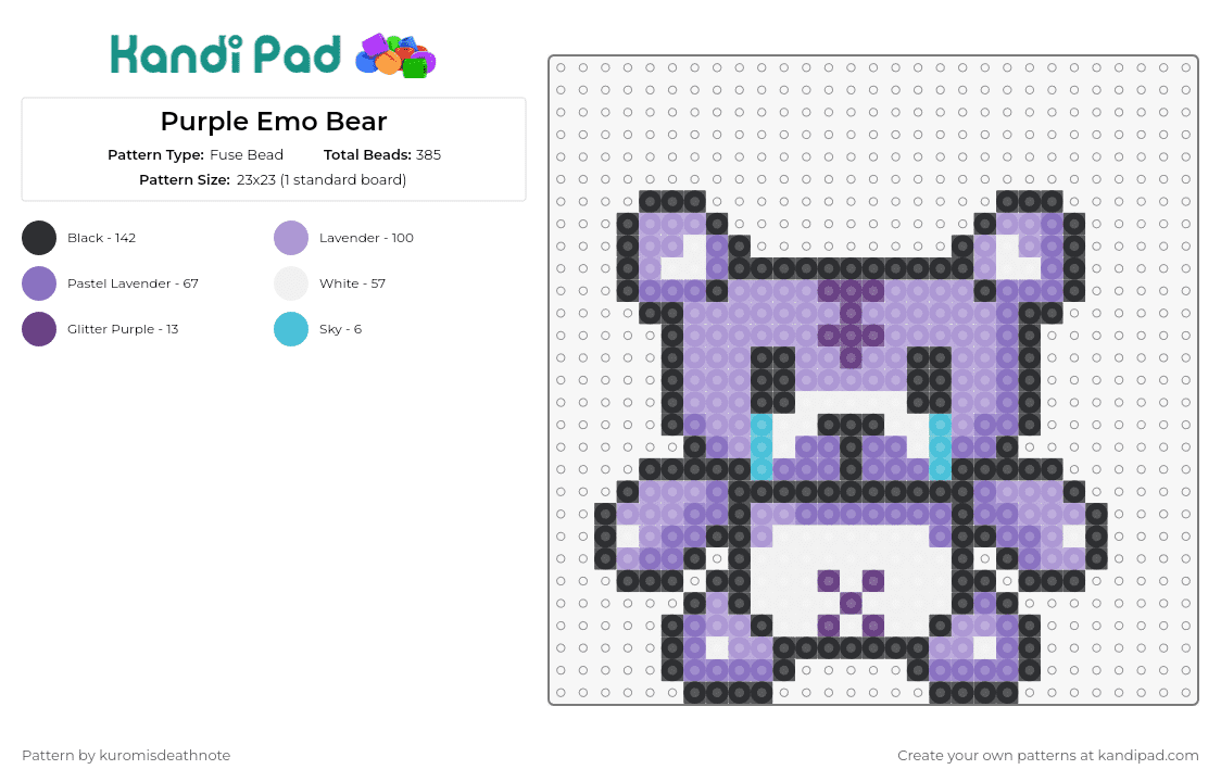 Purple Emo Bear - Fuse Bead Pattern by kuromisdeathnote on Kandi Pad - teddy bear,emo,cry,sad,animal,plush,expressive,purple,black,white