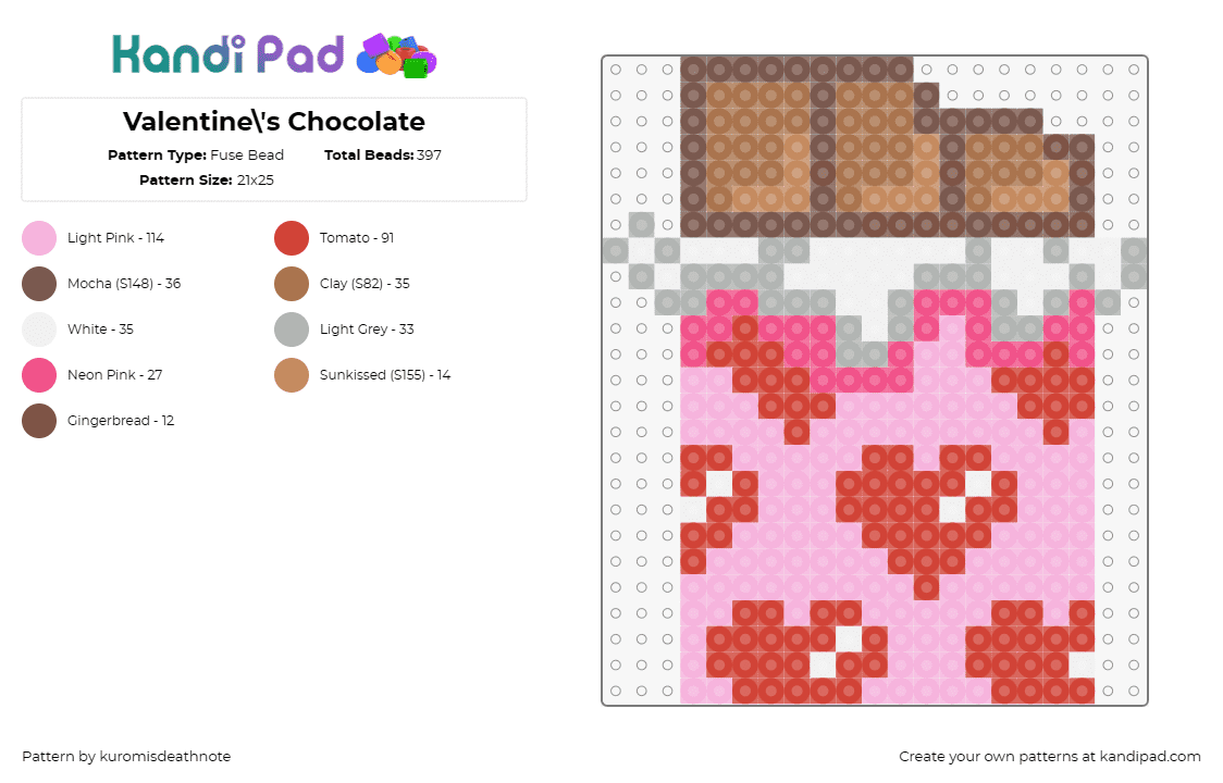 Valentine\'s Chocolate - Fuse Bead Pattern by kuromisdeathnote on Kandi Pad - chocolate,hearts,candy,valentines,food,delectable,love,sweet,celebration,brown,p