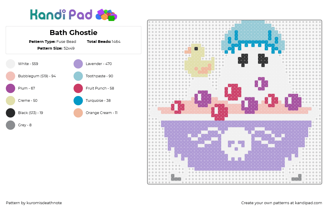 Bath Ghostie - Fuse Bead Pattern by kuromisdeathnote on Kandi Pad - bath,ghost,tub,duckie,bubbles,cute,spooky,shower,purple,white,light blue