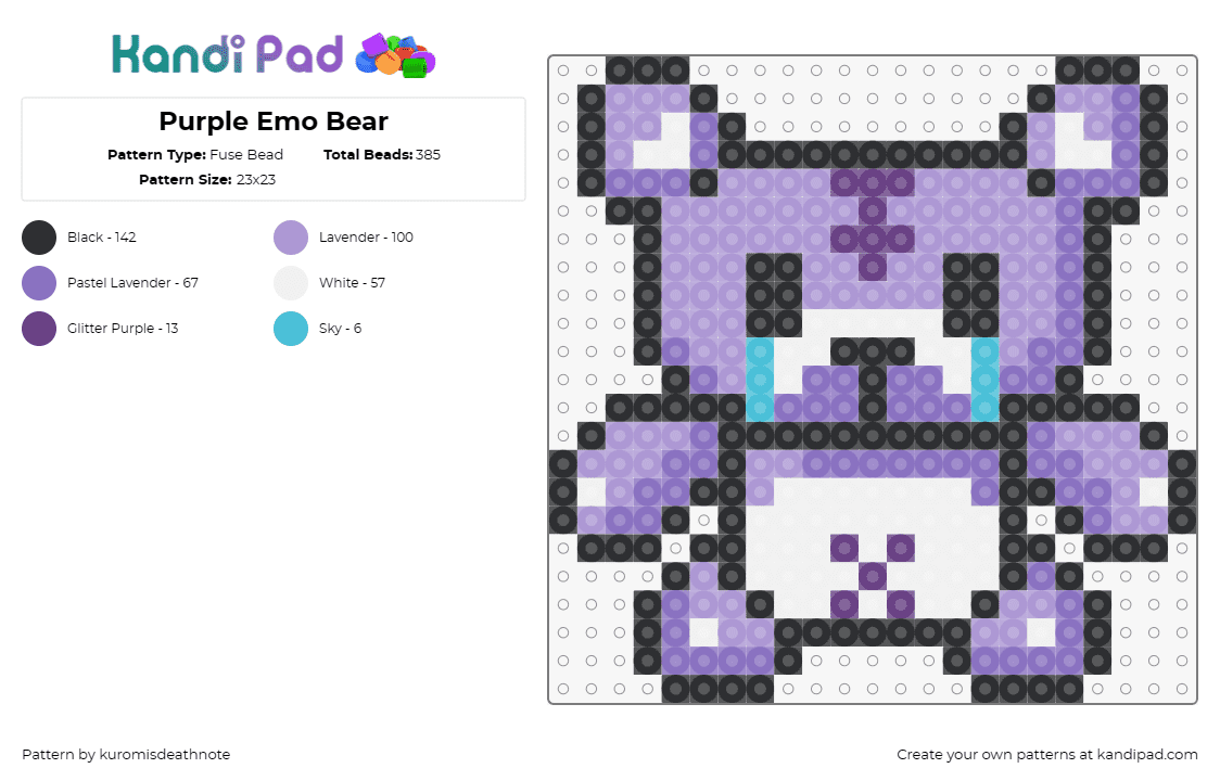 Purple Emo Bear - Fuse Bead Pattern by kuromisdeathnote on Kandi Pad - teddy bear,emo,cry,sad,animal,plush,expressive,purple,black,white