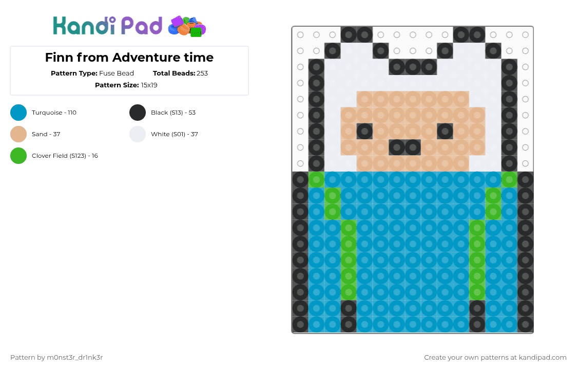 Finn from Adventure time - Fuse Bead Pattern by m0nst3r_dr1nk3r on Kandi Pad - light blue,adventure time,finn the human,jake the dog,silly,cute,small,character,cartoon