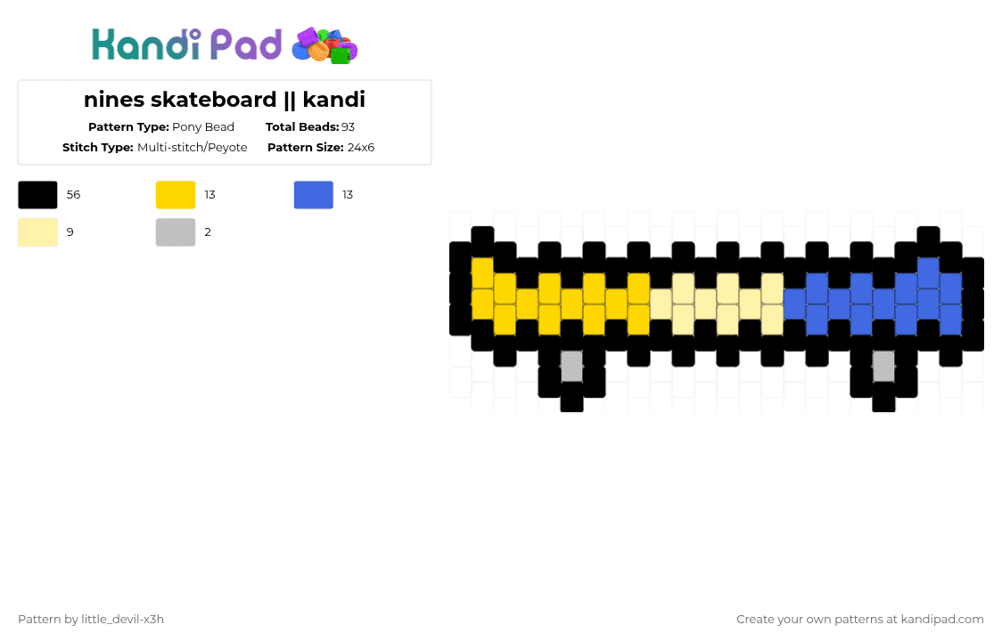 nines skateboard || kandi - Pony Bead Pattern by k4yz_osc on Kandi Pad - black,yellow,blue