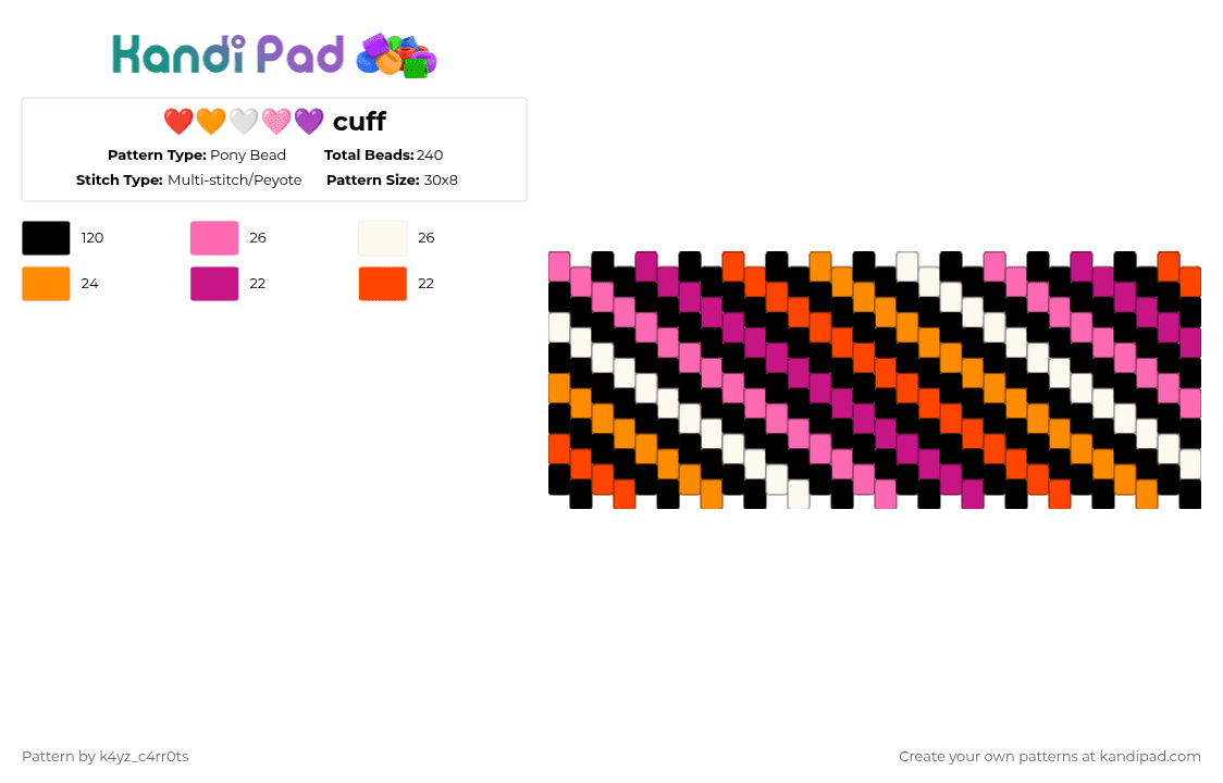 ❤🧡🤍🩷💜 cuff - Pony Bead Pattern by k4yz_osc on Kandi Pad - black,pink,cuff