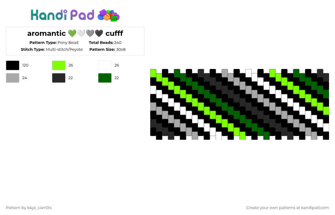 aromantic 💚🤍🩶🖤 cufff - Pony Bead Pattern by k4yz_osc on Kandi Pad - black,green,beige,aromantic,cuff,gray
