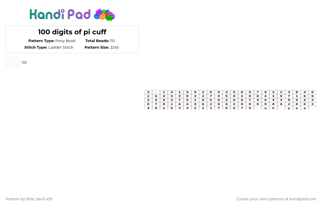 100 digits of pi cuff - Pony Bead Pattern by k4yz_osc on Kandi Pad - white,100 digits of pi,pi,100 digits
