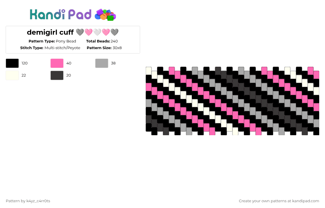 demigirl cuff 🩶🩷🤍🩷🩶 - Pony Bead Pattern by k4yz_osc on Kandi Pad - black,beige,pink,demigirl,cuff,pride