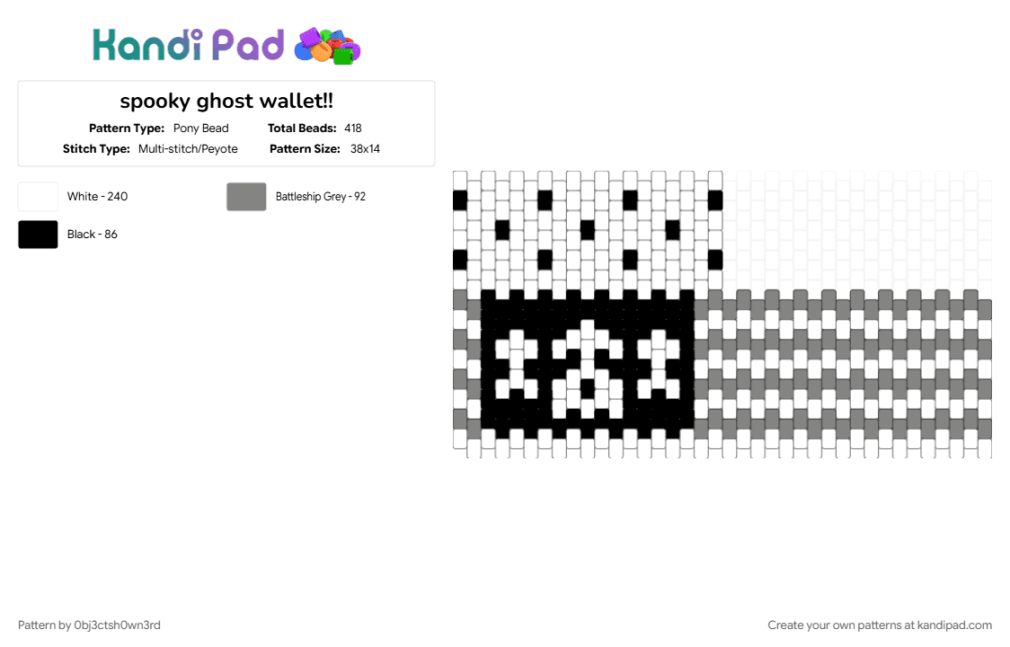 spooky ghost wallet!! - Pony Bead Pattern by 0bj3ctsh0wn3rd on Kandi Pad - coinpurse, ghost, gray, halloween, spooky, wallet, white