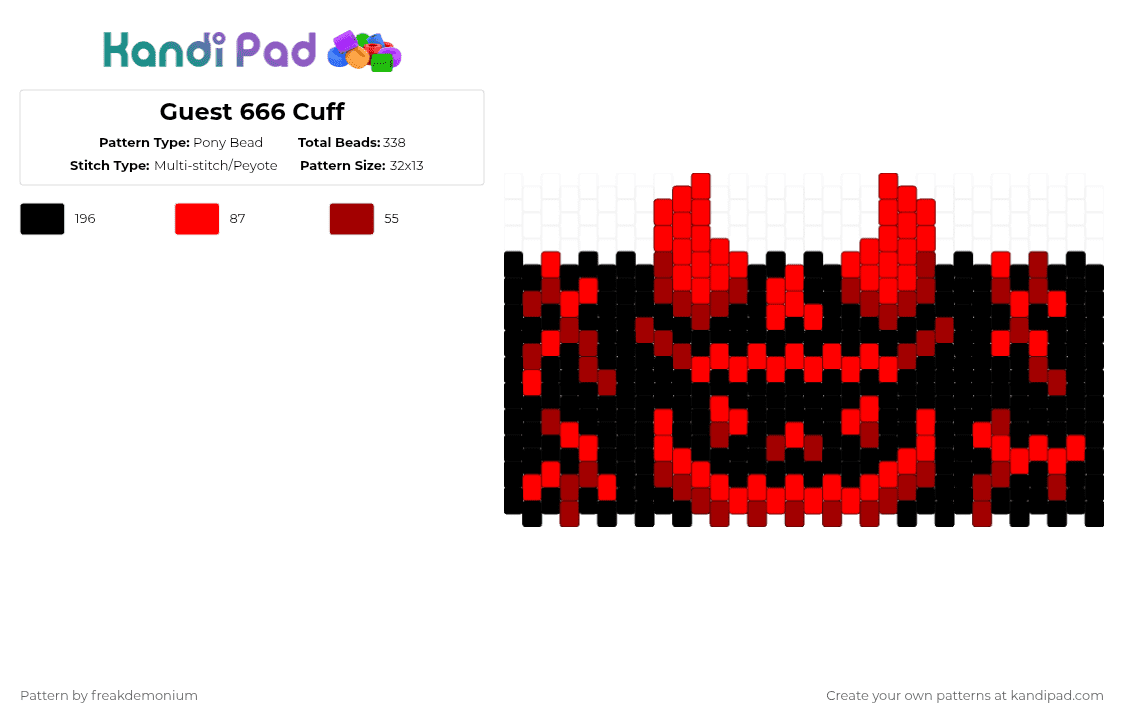 Guest 666 Cuff - Pony Bead Pattern by freakdemonium on Kandi Pad - black,red,forsaken,roblox,multi stitch