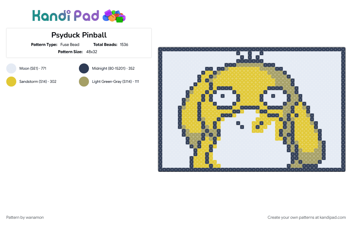 Psyduck Pinball - Fuse Bead Pattern by wanamon on Kandi Pad - pinball, pokemon, psyduck, purple, white, yellow