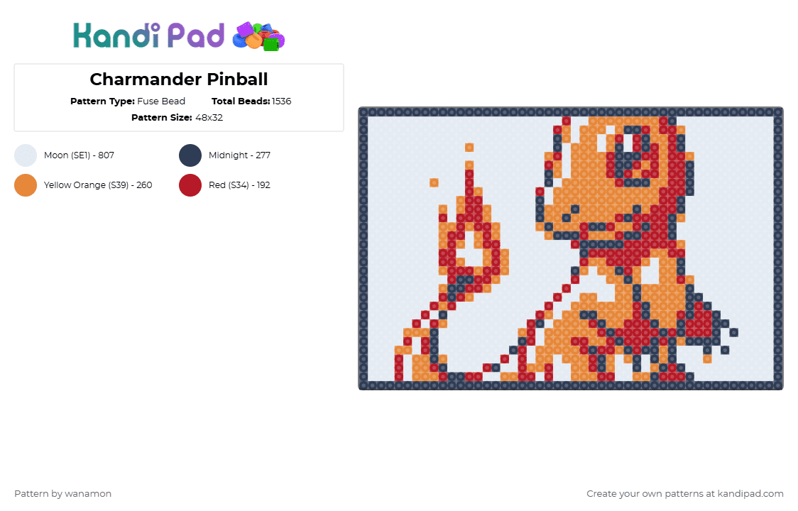 Charmander Pinball - Fuse Bead Pattern by wanamon on Kandi Pad - white,orange,purple,charmander,pokemon,pinball