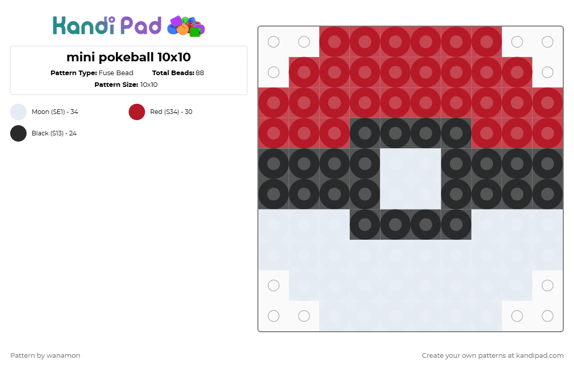 mini pokeball 10x10 - Fuse Bead Pattern by wanamon on Kandi Pad - white,red