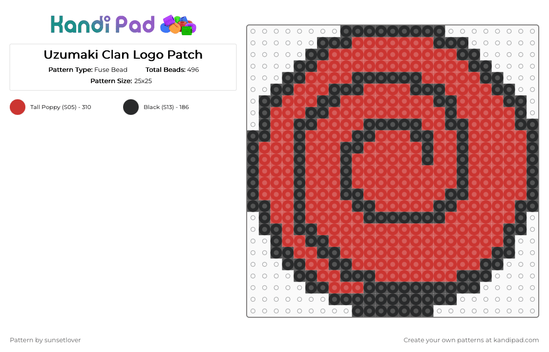 Uzumaki Clan Logo Patch - Fuse Bead Pattern by sunsetlover on Kandi Pad - black, red