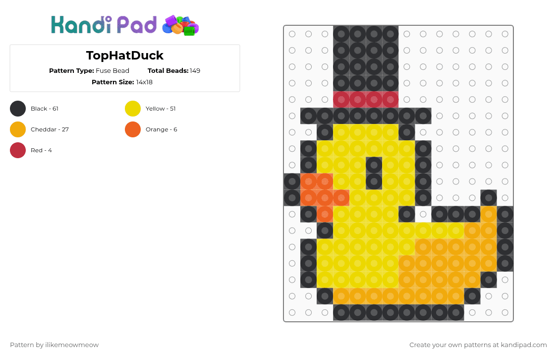 TopHatDuck - Fuse Bead Pattern by ilikemeowmeow on Kandi Pad - yellow,orange,duck,animal,silly,top hat,duckwithatophat