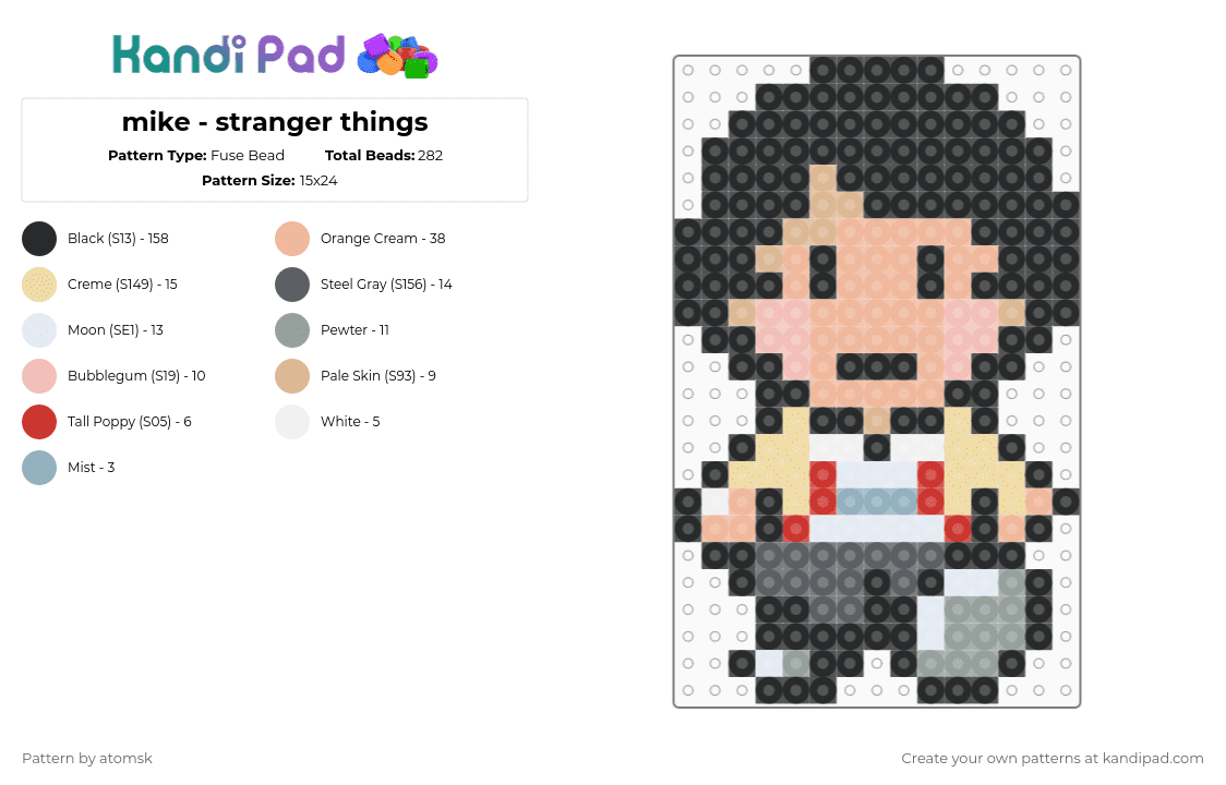 mike - stranger things - Fuse Bead Pattern by atomsk on Kandi Pad - black,beige,gray